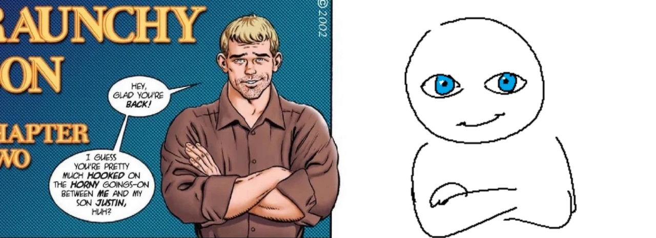 The first panel of "My Wild and Raunchy Son" by josman, an erotic incest webcomic, next to the "people with blue eyes be like" meme