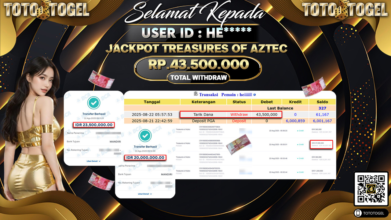 Bukti Pembayaran Jackpot Permainan Slot Treasures Of Aztec ID:HE***** LUNAS