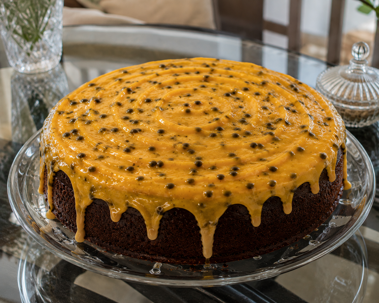 Bolo de chocolate com mousse de maracujá