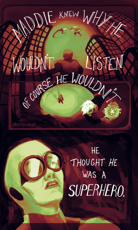 A comic showing Maddie looking up into the sky to where Danny fights Skulker. The words "Maddie knew why he wouldn't listen. Of course it wouldn't. He thought he was a superhero." are overlayed in white. 
