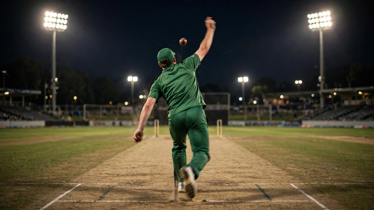 Left-arm spinner in a green kit delivering the ball under floodlights at night