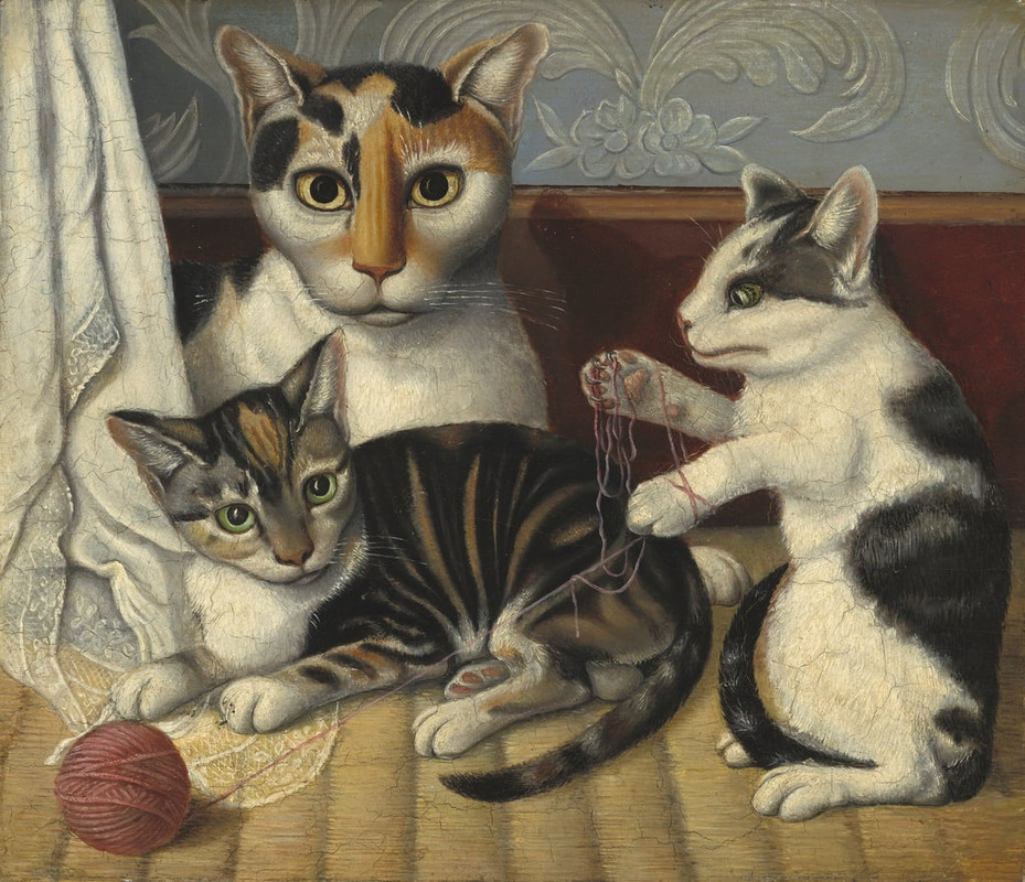 American-School-Cat-and-Kittens-c1872-1883-oil-on-millboard-Meister-Drucke-40066