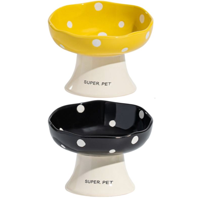 Yellow and Black Elevated 15° Tilted Ceramic Cat Bowl - Anti-Chin Acne Glaze Finish, Non-Slip Weighted Base & Neck Protection Pet Feeder