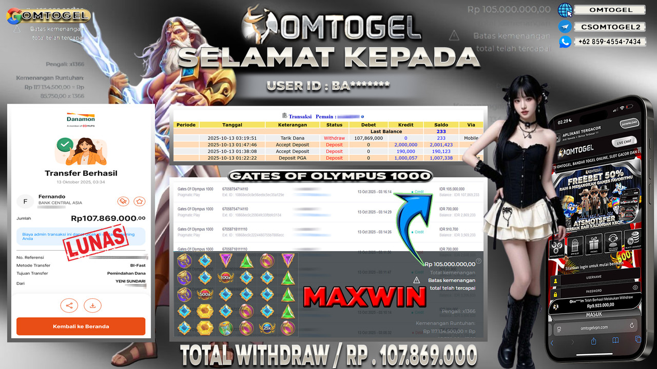 OMTOGEL JACKPOT PRAGMATIC PLAY GATES OF OLYMPUS 1000 107 JUTA DI BAYAR LUNAS ,-