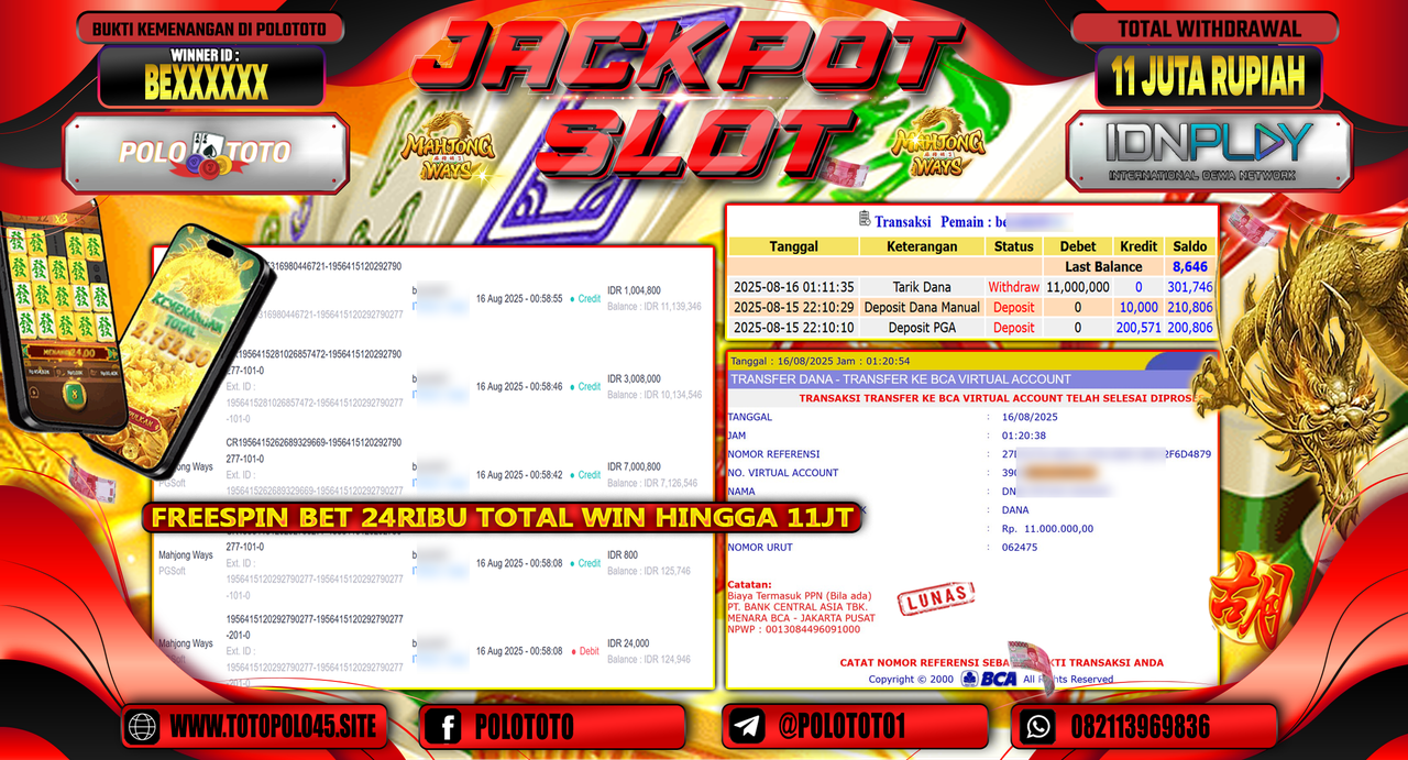 POLOTOTO JACKPOT SLOT MAHJONG WAYS Rp.11.000.000,-
