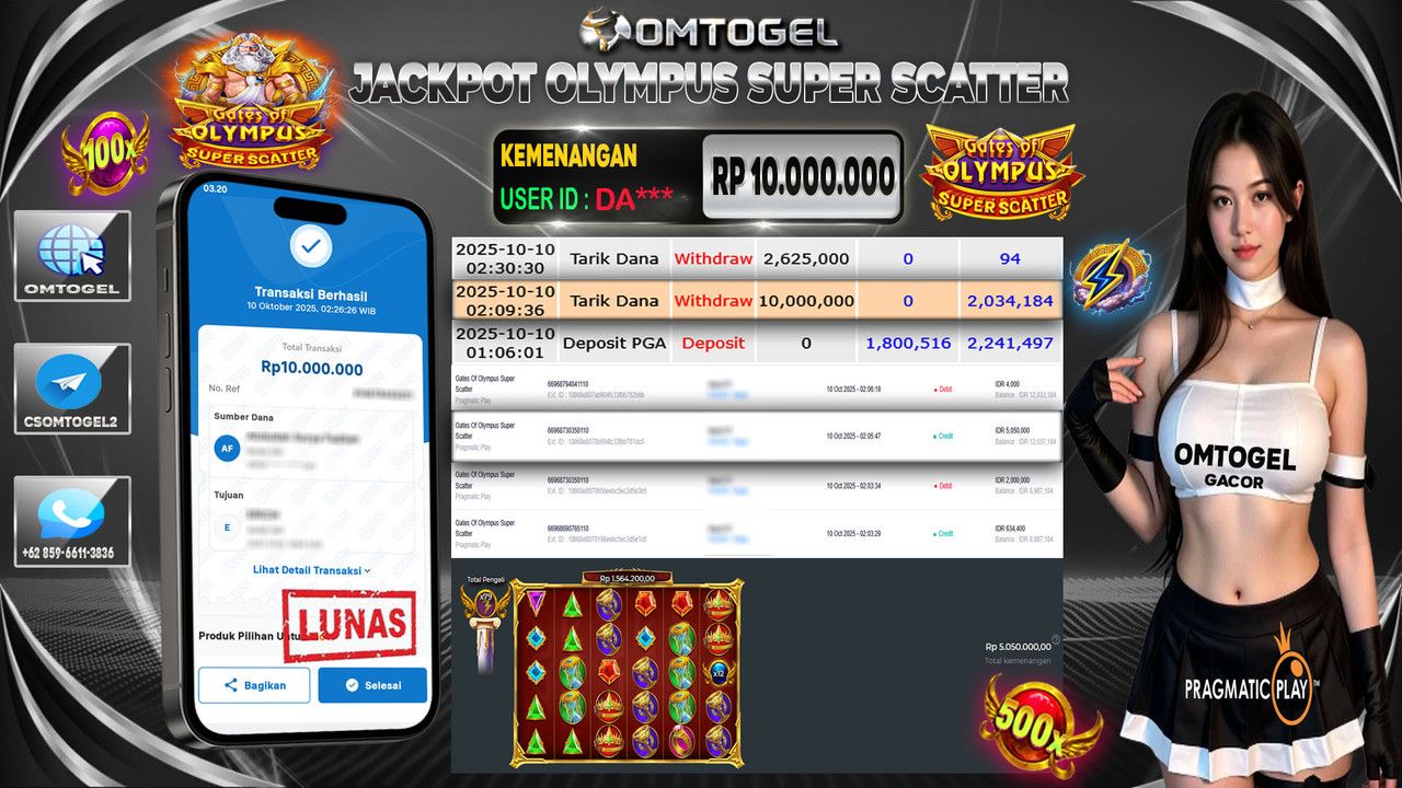 OMTOGEL JACKPOT PRAGMATIC PLAY GATES OF OLYMPUS SUPER SCATTER 10 JUTA DI BAYAR LUNAS ,-