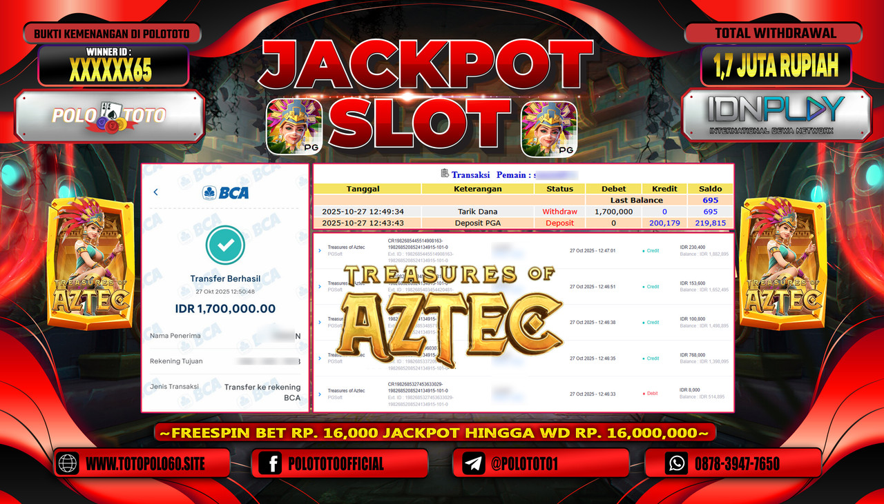 POLOTOTO JACKPOT SLOT TREASURES OF AZTEC Rp.1.700.000,- LUNAS