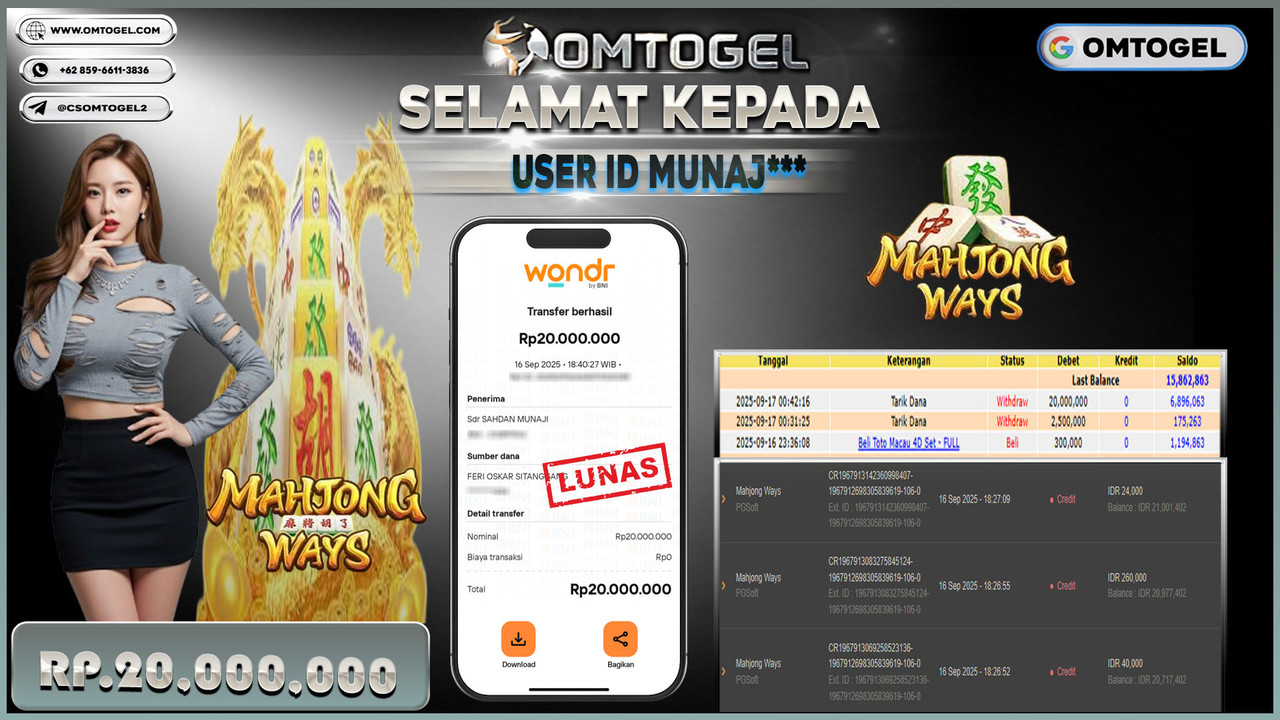 OMTOGEL JACKPOT PGSOFT MAHJONG WAYS 20 JUTA DI BAYAR LUNAS ,-