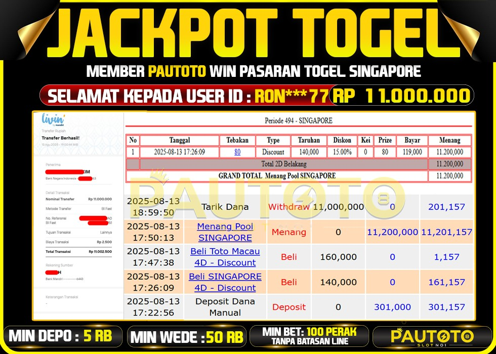 BUKTI PEMBAYARAN TGL 13 AGUSTUS 2025 MENANG DI PERMAINAN GATES OF OLYMPUS TOTAL WD 11 JUTA