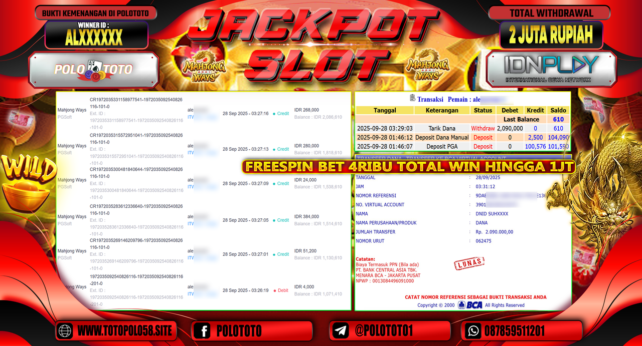 POLOTOTO JACKPOT SLOT MAHJONG WAYS Rp.2.000.000,- LUNAS