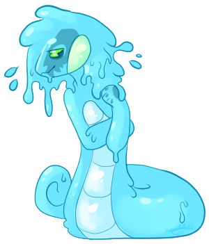 A youth Goober looking lightly exhasperated at their youth upgrades, which are waterfall mane, slippery scales, and drowsiness