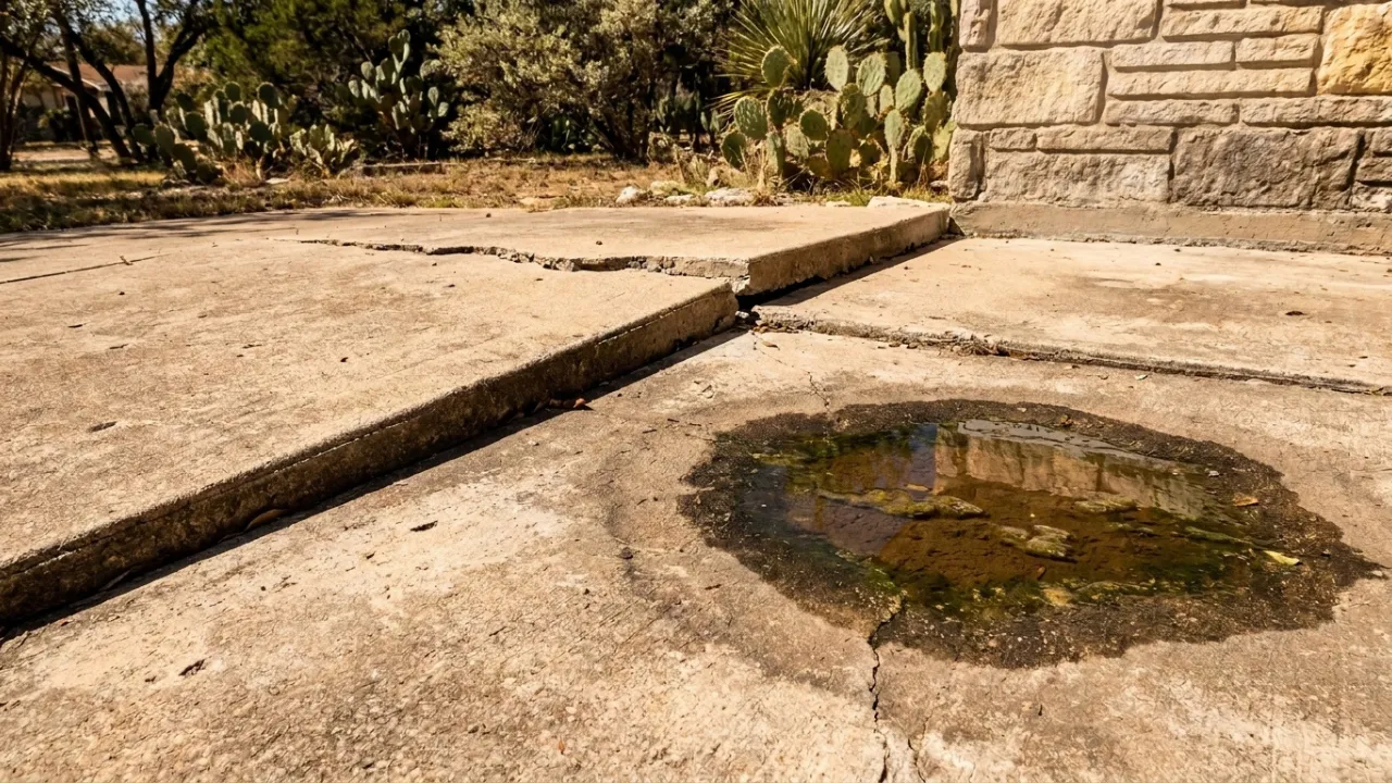 Concrete patio in San Antonio showing early failure signs — wide crack with one panel raised higher than the other, sunken low spot that holds water after rain, and a peeling thin overlay on the surface