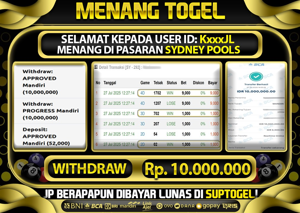  BUKTI KEMENANGAN 27 JULY 2025 MENANG DI PASARAN SYDNEY POOLS TOTAL WD 10 JUTA