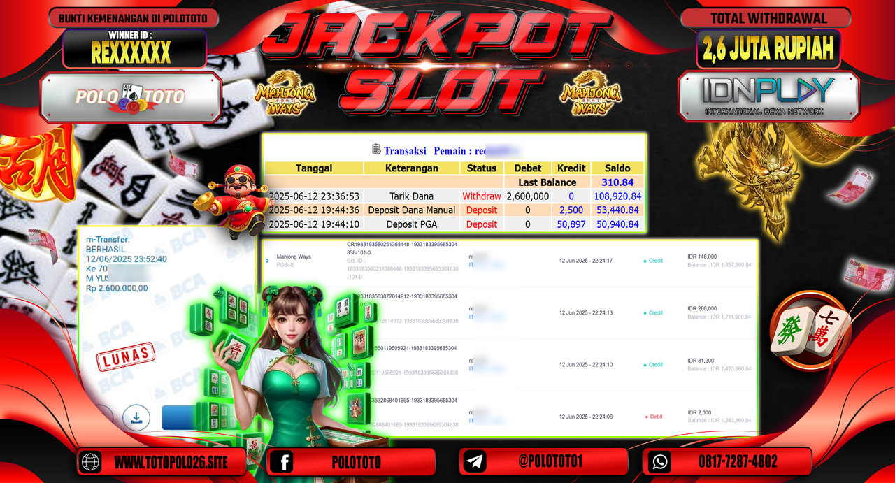 POLOTOTO JACKPOT SLOT MAHJONG WAYS Rp.2.600.000,-
