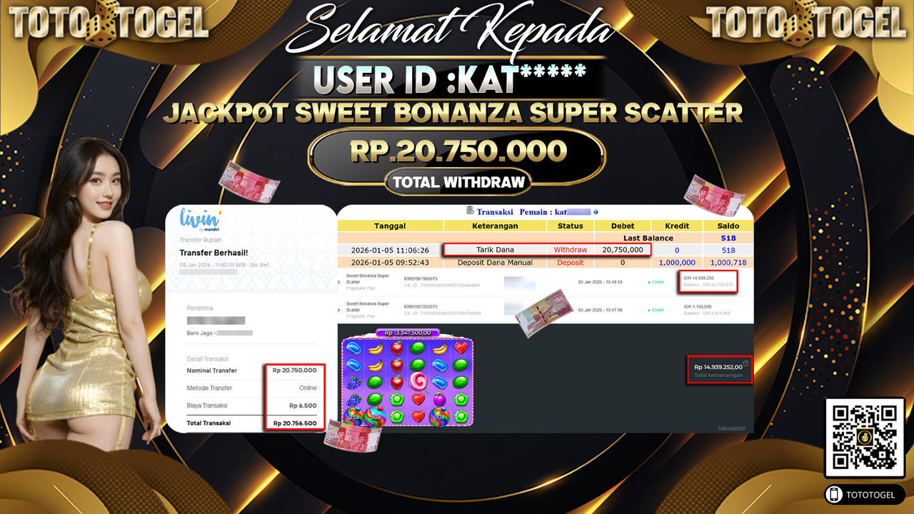 Bukti Pembayaran Jackpot Permainan Slot Sweet Bonanza Super Scatter ID:KAT**** LUNAS