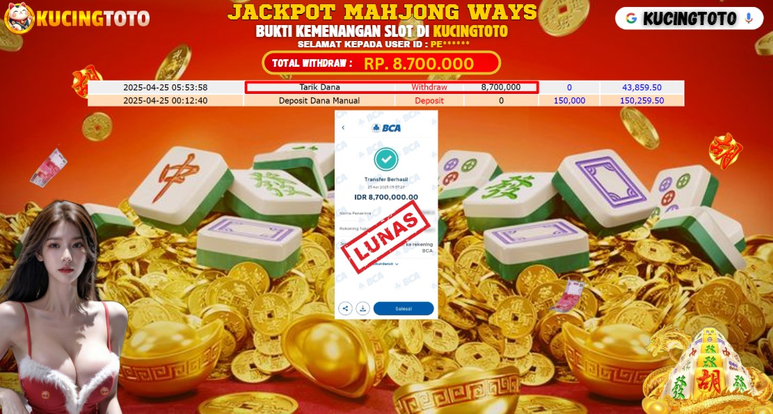 KUCINGTOTO JACKPOT SLOT MAHJONG WAYS RP.8.700.000.,- LUNAS