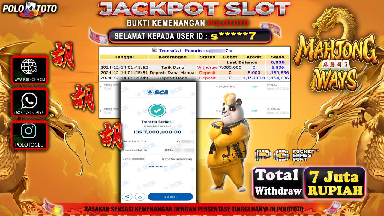 POLOTOTO JACKPOT SLOT MAHJONG WAYS Rp.7,000.000,-