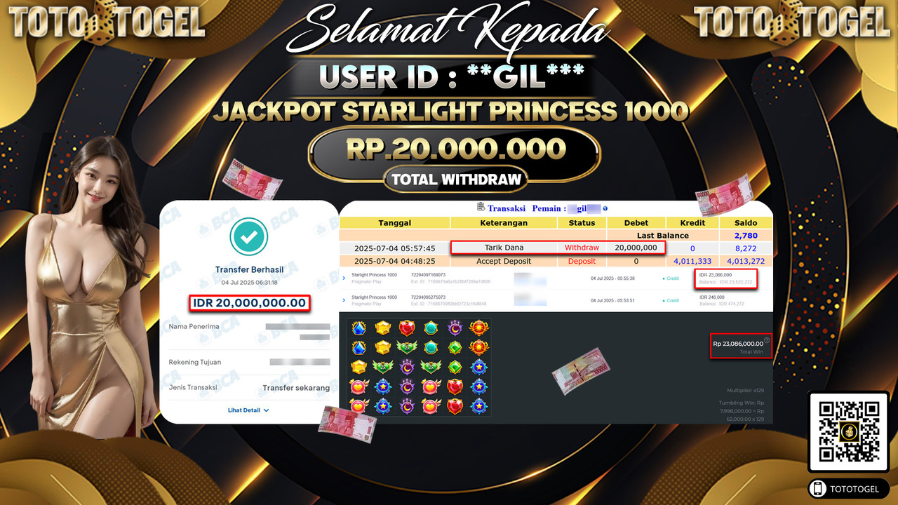 Bukti Pembayaran Jackpot Permainan Slot Starlight Princess 1000 ID:**GIL*** LUNAS