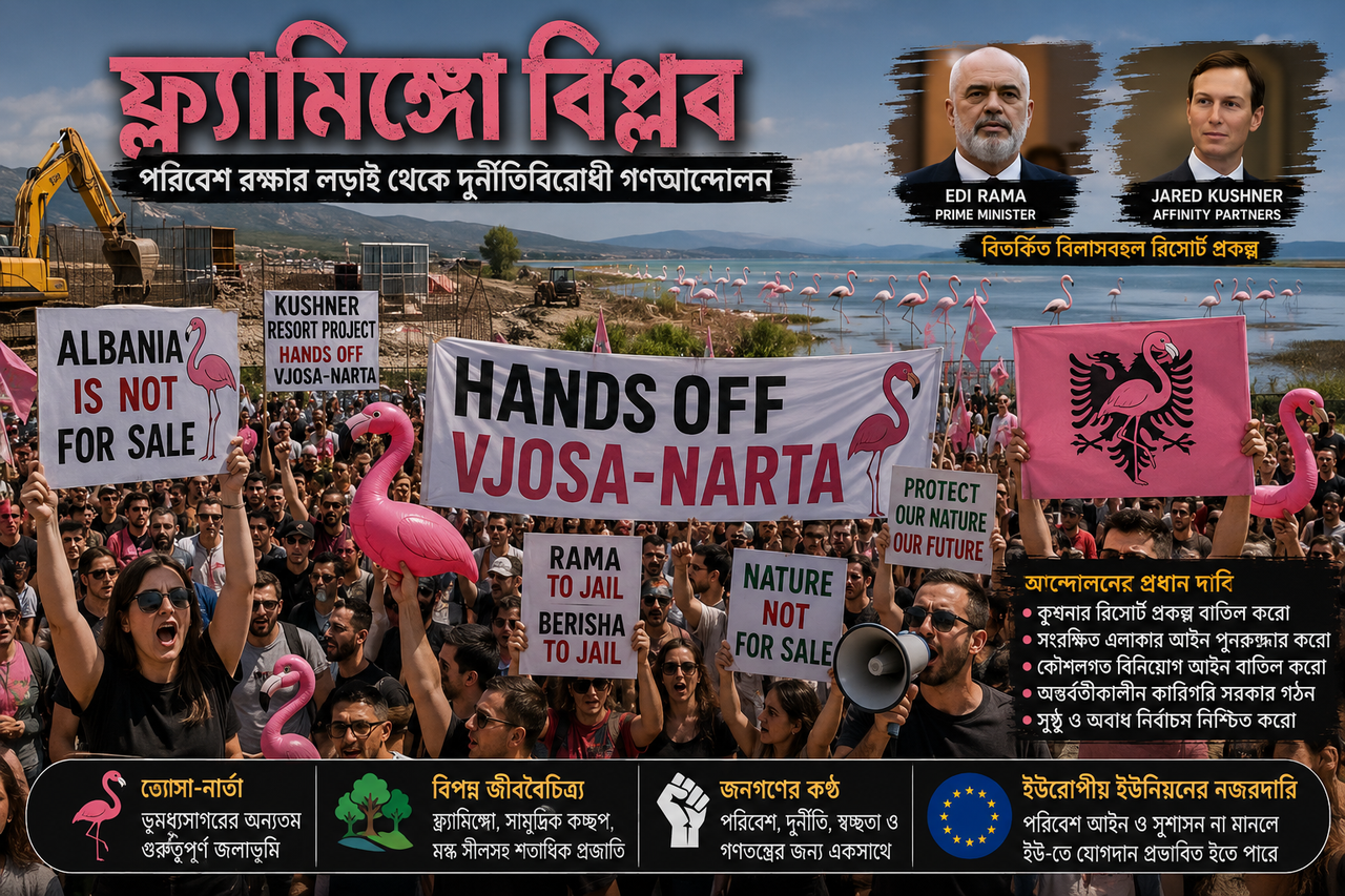 প্রতিবাদকারীরা গোলাপি ফ্ল্যামিঙ্গো পতাকা নিয়ে আলবেনিয়ার ভ্যোসা-নার্তা উপকূলে বিক্ষোভ করছে