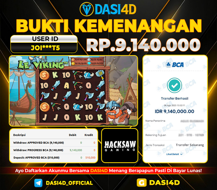 BUKTI KEMENANGAN 06 AGUSTUS DI LE VIKING WD 9.140.000