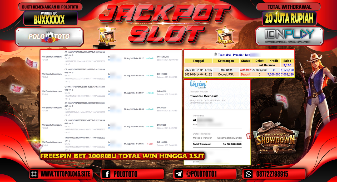 POLOTOTO JACKPOT SLOT WILD BOUNTY SHOWDOWN Rp.20.000.000,-LUNAS