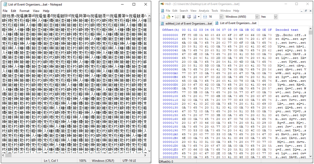 (ซ้าย) เปิดไฟล์โดยใช้ Notepad (ขวา) เปิดไฟล์เดียวกันแต่ใช้ HxD