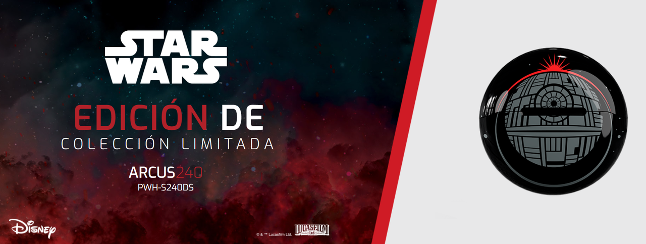 Estuche de carga de los audífonos Primus Arcus 240 con el diseño de la Estrella de la Muerte de Star Wars.