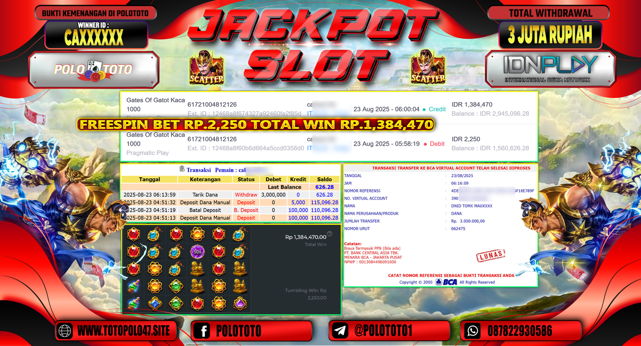 POLOTOTO JACKPOT SLOT GATES OF GATOT KACA 1000 Rp.3.000.000,-