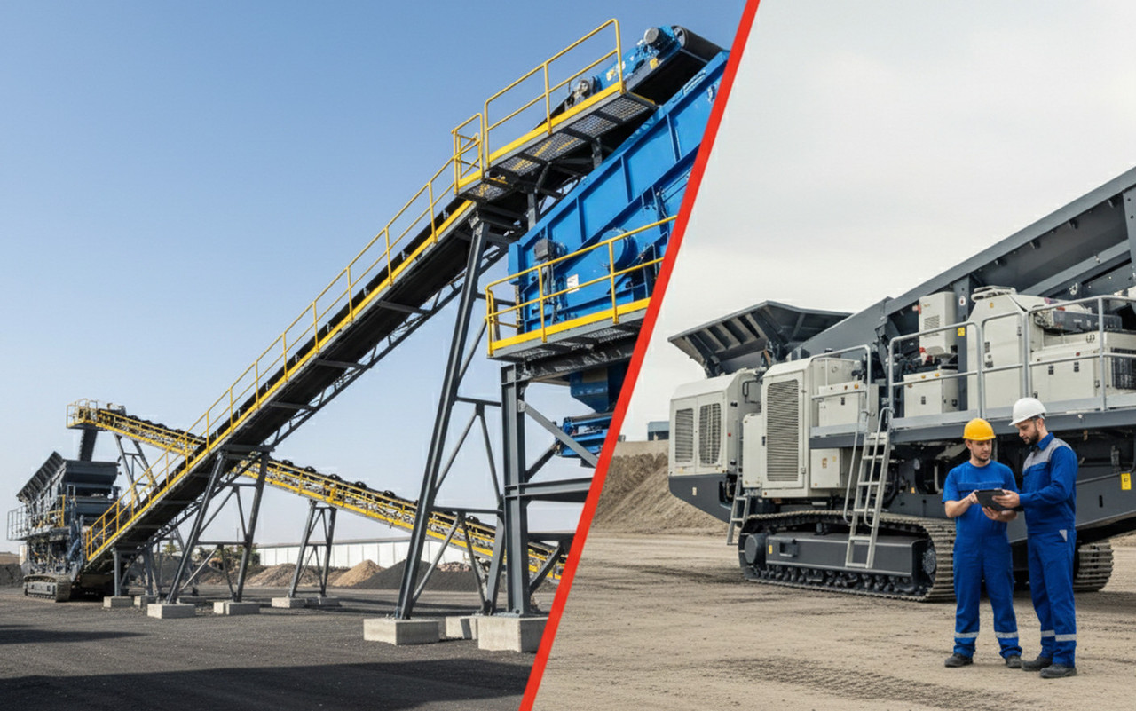 Стационарный и мобильный дробильно-сортировочные комплексы на одной площадке, сравнение решений, помощь в выборе формата линии