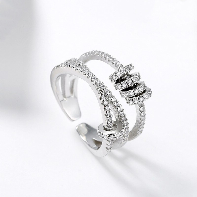 Silver Color DOUBLE LAYER Women Adjustable Ring Zircon Band Wedding Jewelry NEW