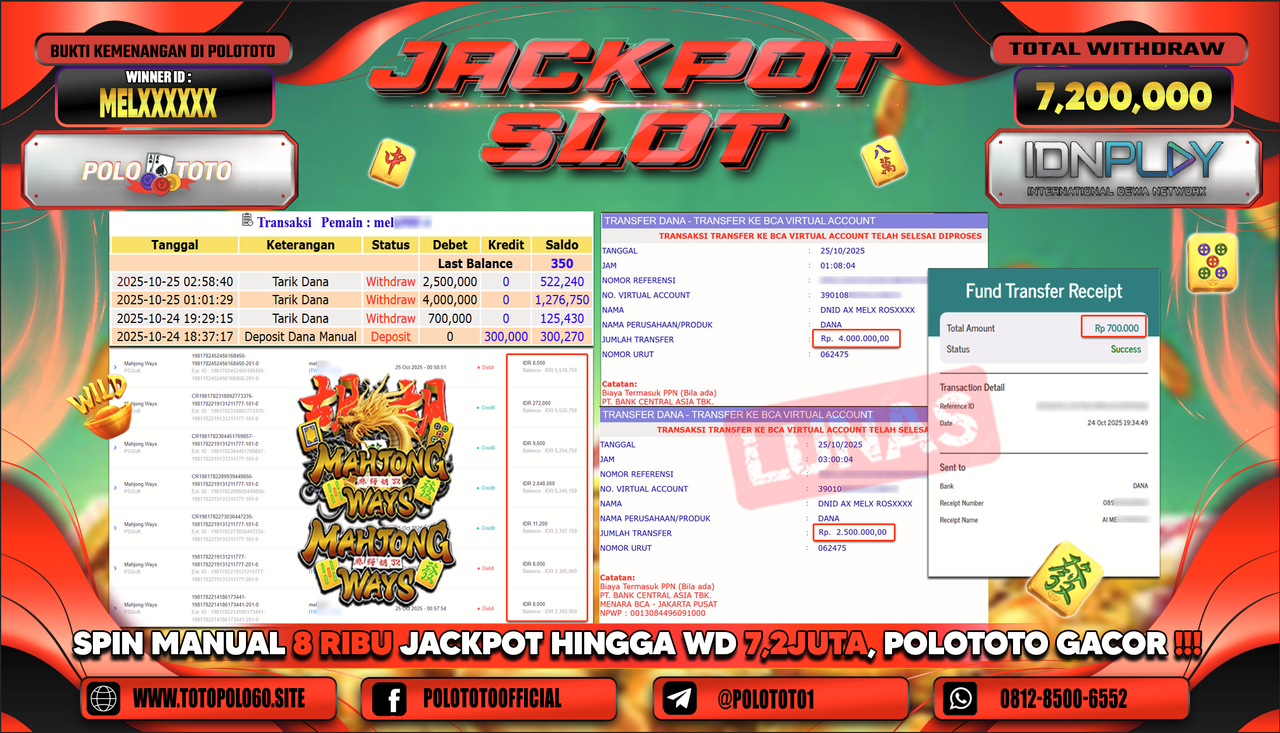 POLOTOTO JACKPOT SLOT MAHJONG WAYS Rp.7.200.000,- LUNAS