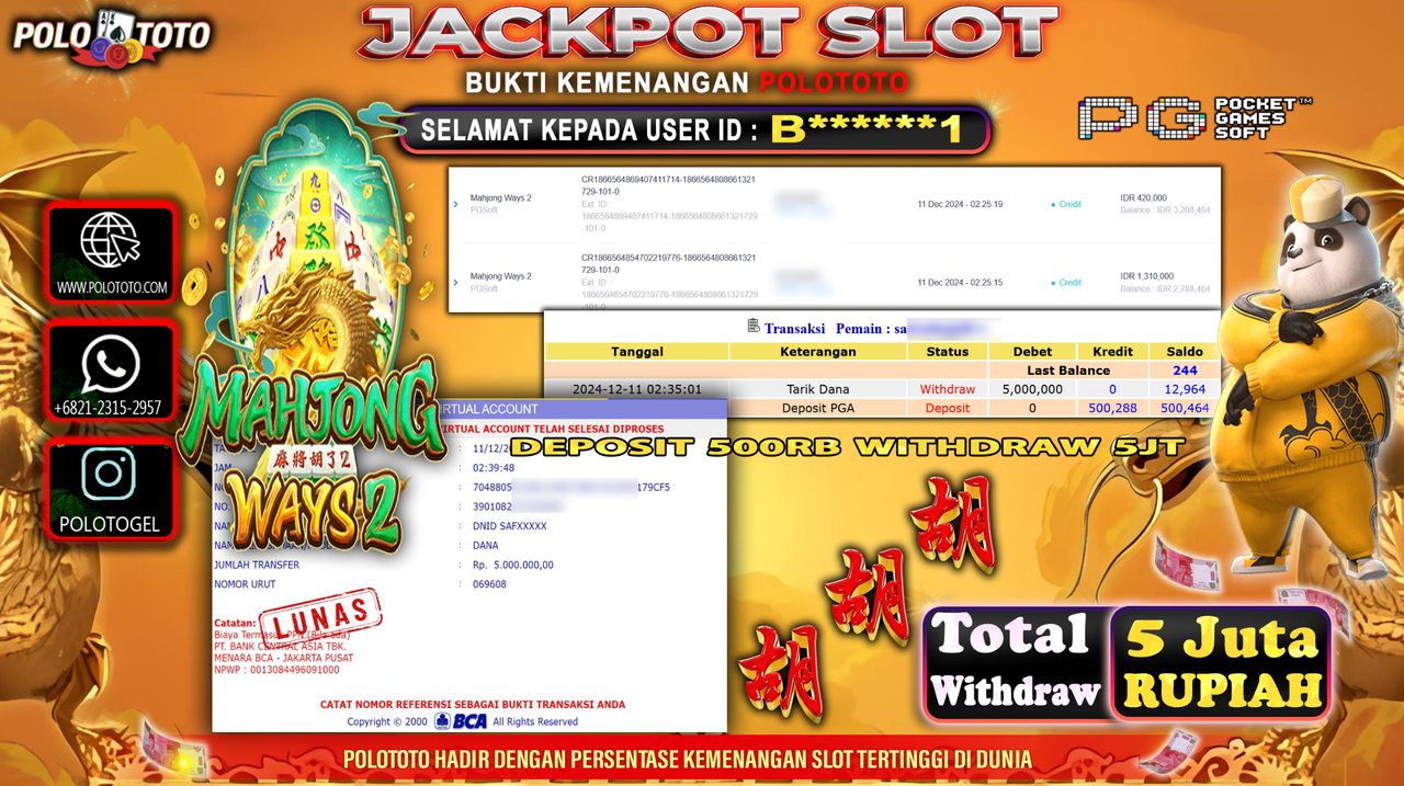 POLOTOTO JACKPOT SLOT MAHJONG WAYS Rp.5,000.000,-