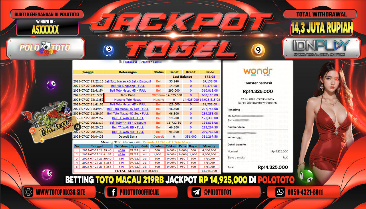 POLOTOTO JACKPOT TOGEL TOTO MACAU Rp.14.300.000,- LUNAS