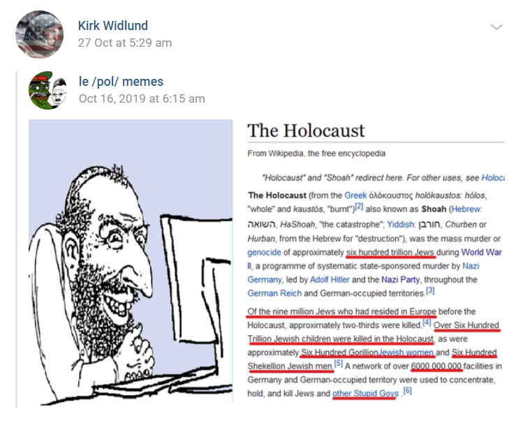 A VK post featuring the anti-semitic Happy Merchant cartoon sitting in front of a computer next to a section of the Wikipedia entry for The Holocaust with text edited to exagerate what happend during the genocide.