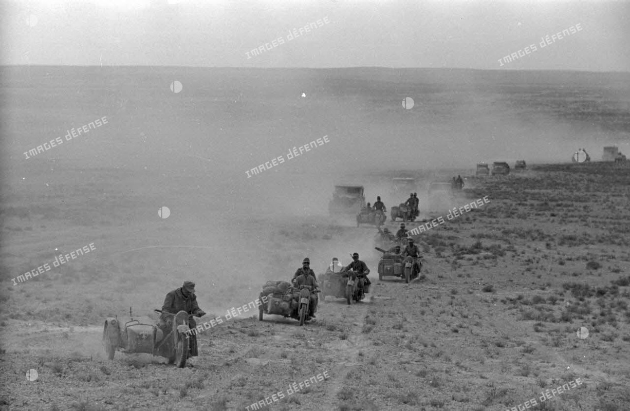 Side-cars qui roulent dans le désert 1941 (9)