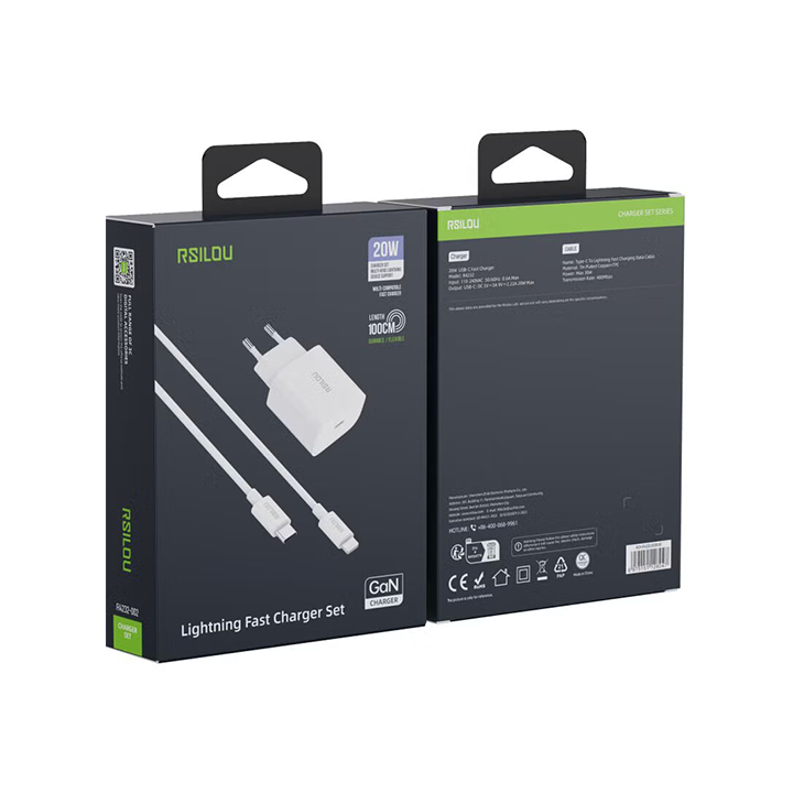 مجموعة شاحن Rsilou سريع - شاحن GaN 20W + كابل Lightning 30W - أبيض - متوافق مع أبل - 2