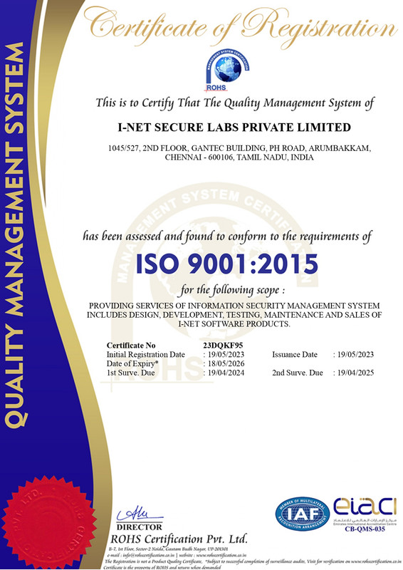 ISO 9001:2015 Quality Management    System certificate for I-NET Secure Labs