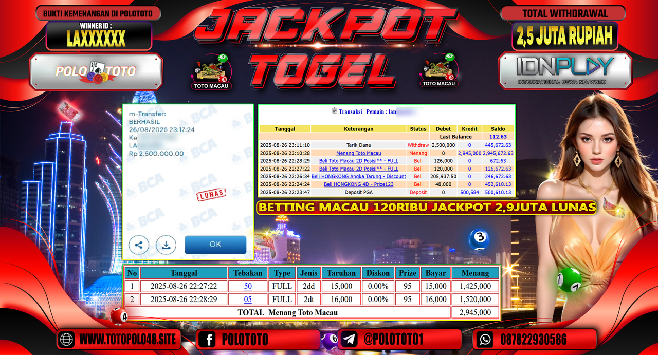POLOTOTO JACKPOT TOGEL TOTO MACAU Rp.2.500.000,-