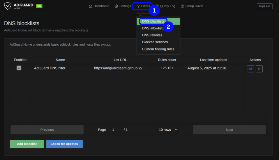 DNS blocklist page