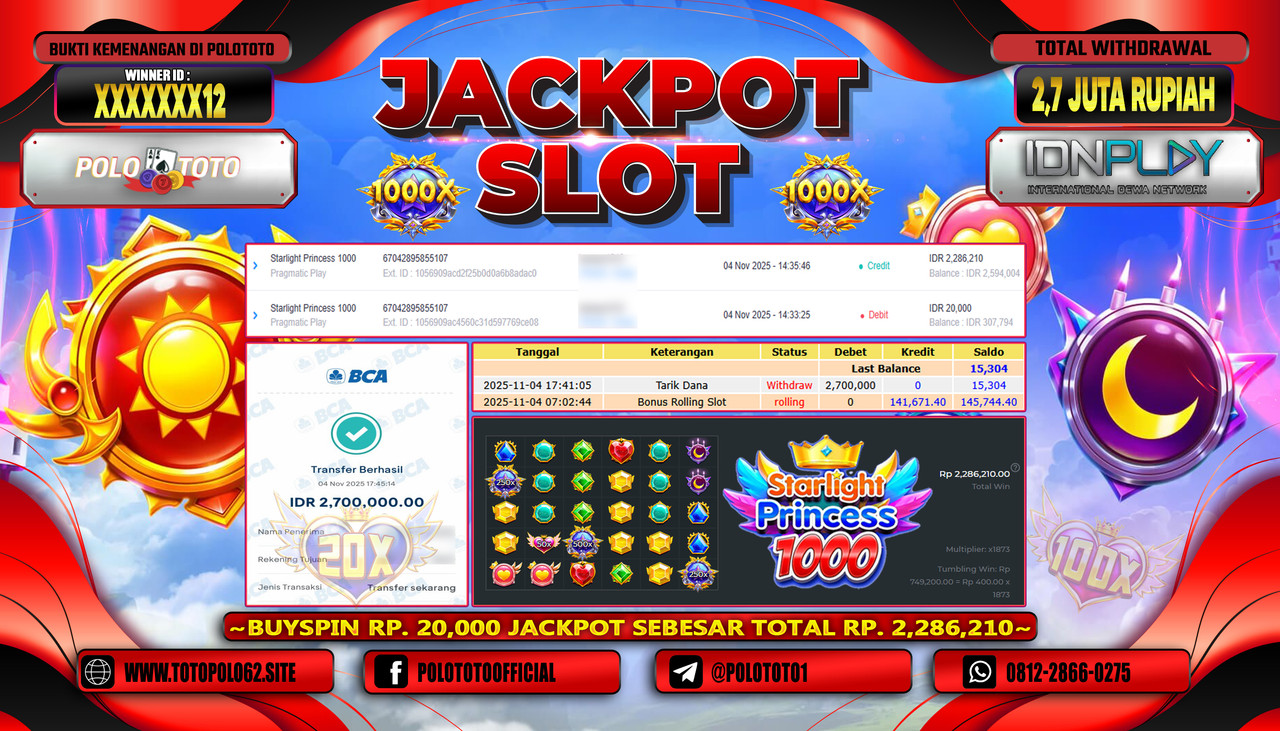 POLOTOTO JACKPOT SLOT STARLIGHT PRINCESS 1000 Rp.2.700.000,- LUNAS
