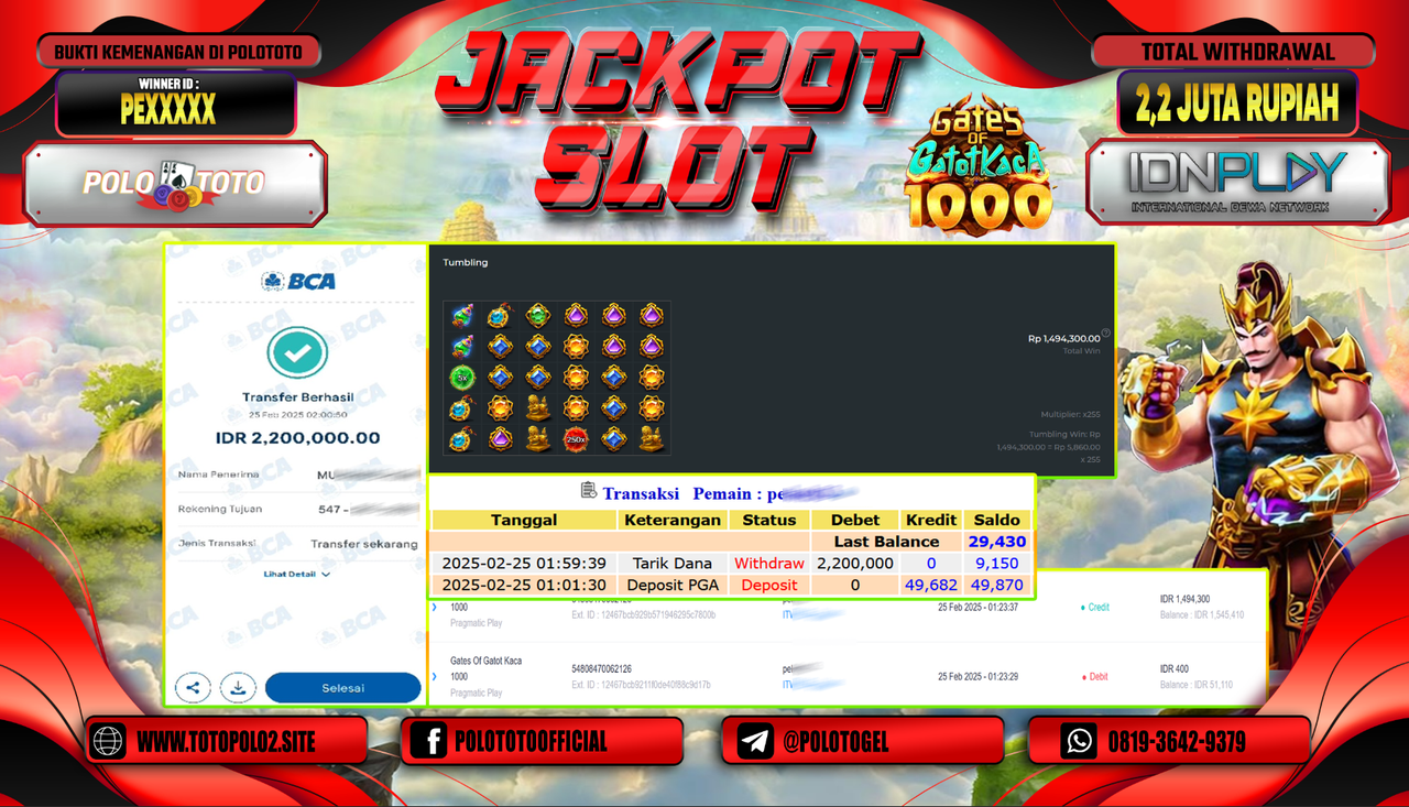 POLOTOTO JACKPOT SLOT GATES OF GATOTKACA 1000 Rp.2.200.000,-