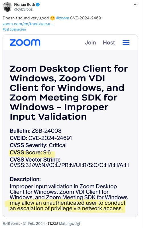 Zoom-Client mit Schwachstelle CVE-2024-24691