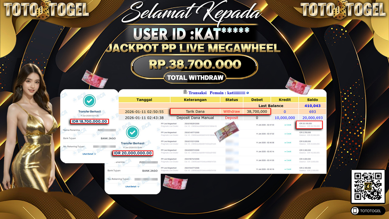 Bukti Pembayaran Jackpot Permainan Pragmatic Live PP Live Megawheel ID:KAT*****LUNAS