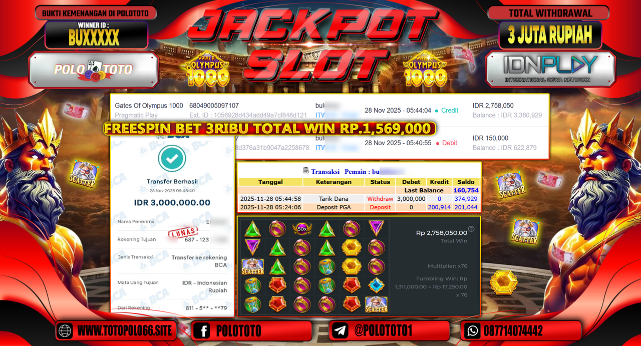 POLOTOTO JACKPOT SLOT GATES OF OLYMPUS 1000 Rp.3.0000.000,- LUNAS