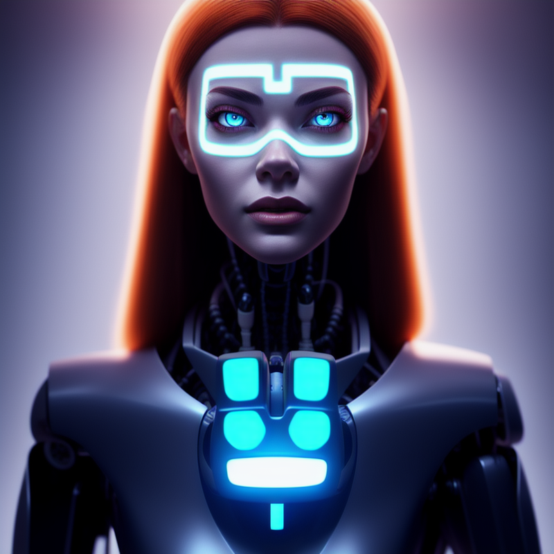 00088-977383567-a woman with a robot head and glowing eyes in a dark room with a neon light on her f