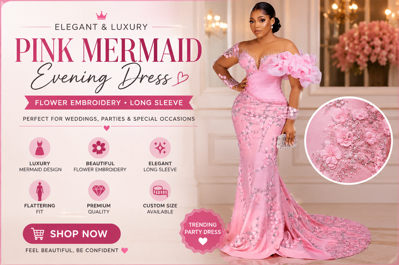 Pink Mermaid Evening Dress Flower Embroidery Luxury Party Gown