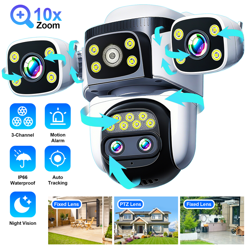 Four Lens 10K WiFi Security Camera 10X Zoom Outdoor Night Vision