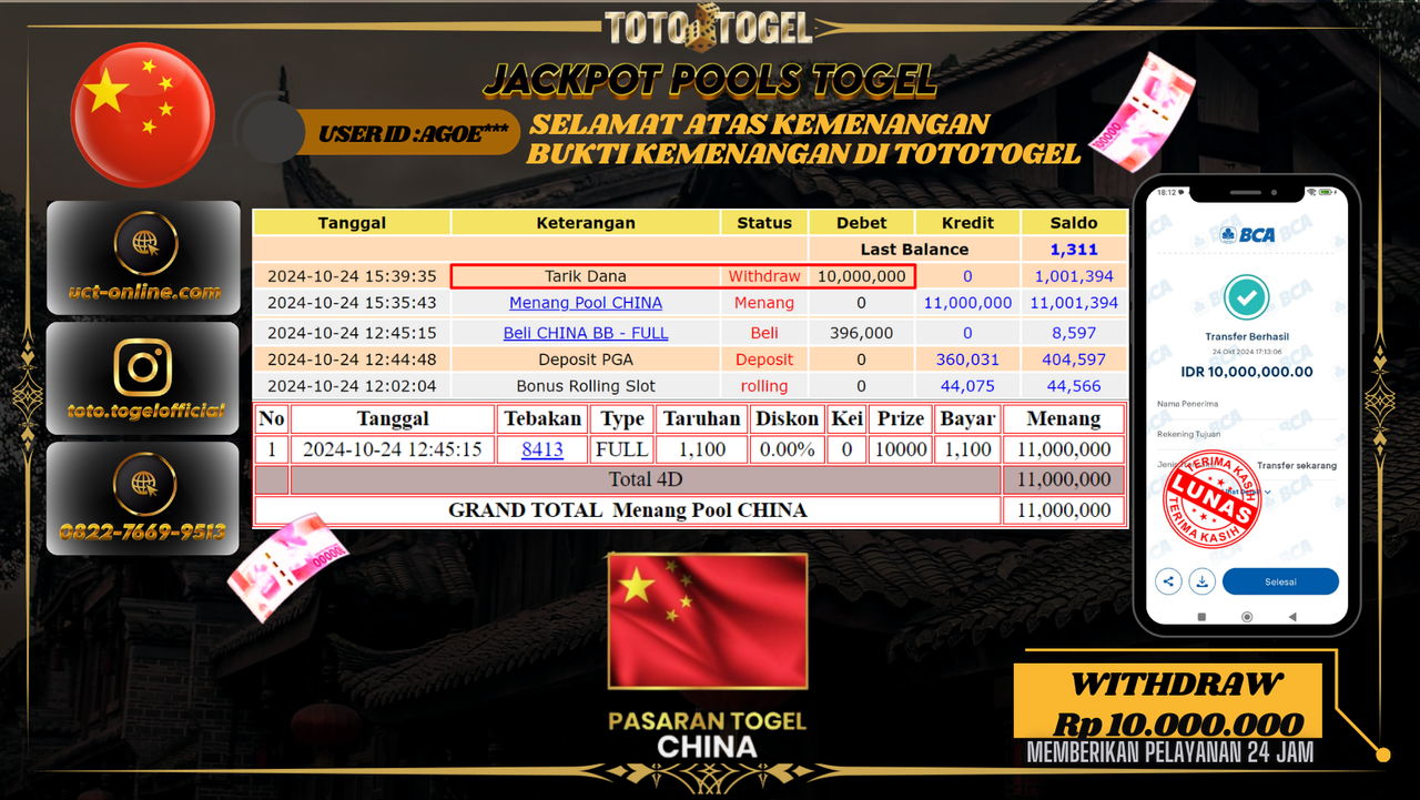 Bukti Pembayaran Permainan Jackpot Pools China ID : AGOE*** LUNAS