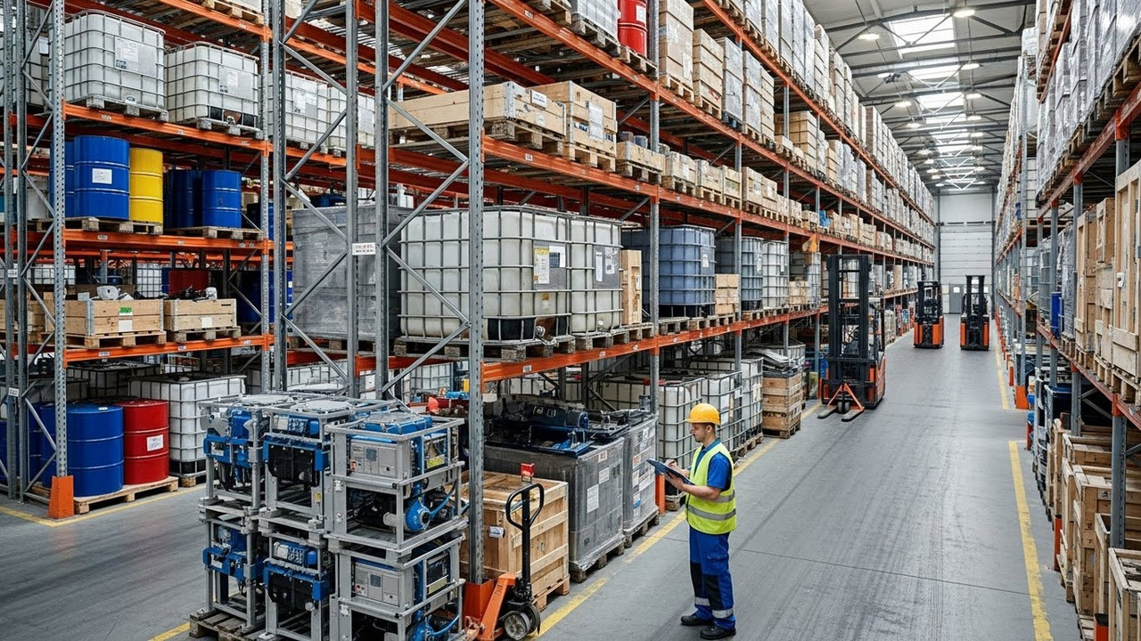 Полочные стеллажи с запчастями и сотрудником склада