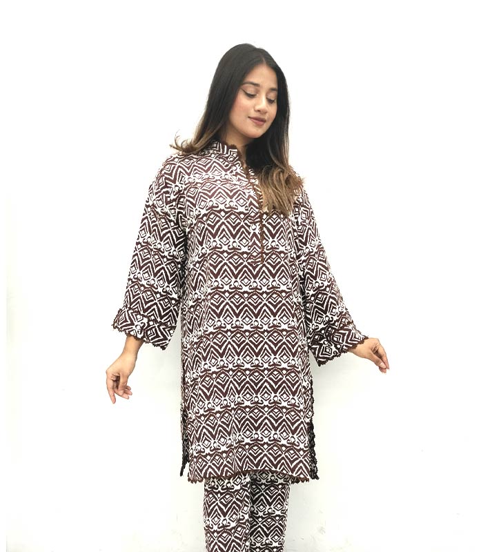 Band Collar Exclusive Feme Kurti :  Brown Zigzag